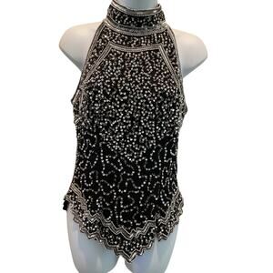 STYLEWORKS VINTAGE BLACK SILK SEQUIN AND BEADED EVENING WEAR TOP S NEW